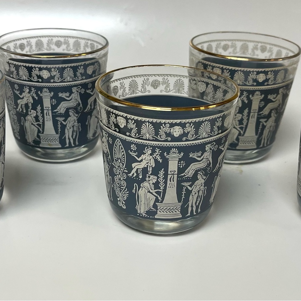 5 Blue Wedgwood Jasperware Greek Blue, White and Gold Drinkware Set